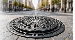 Plaque d'égout en fonte sur une chaussée pavée